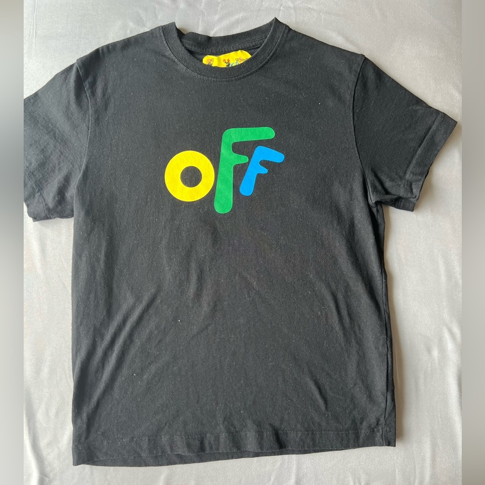 Off-White Black Tee with Yellow, Green, and Blue Logo